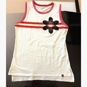 Y2K White Tank Top Womens S Pink Stripes Texture Flower 70s Style Retro Classic